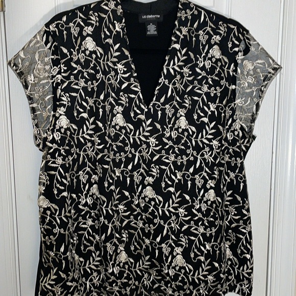 Liz Claiborne Black/Ivory Lace Cap Sleeves Knit Blouse XL - Picture 2 of 4